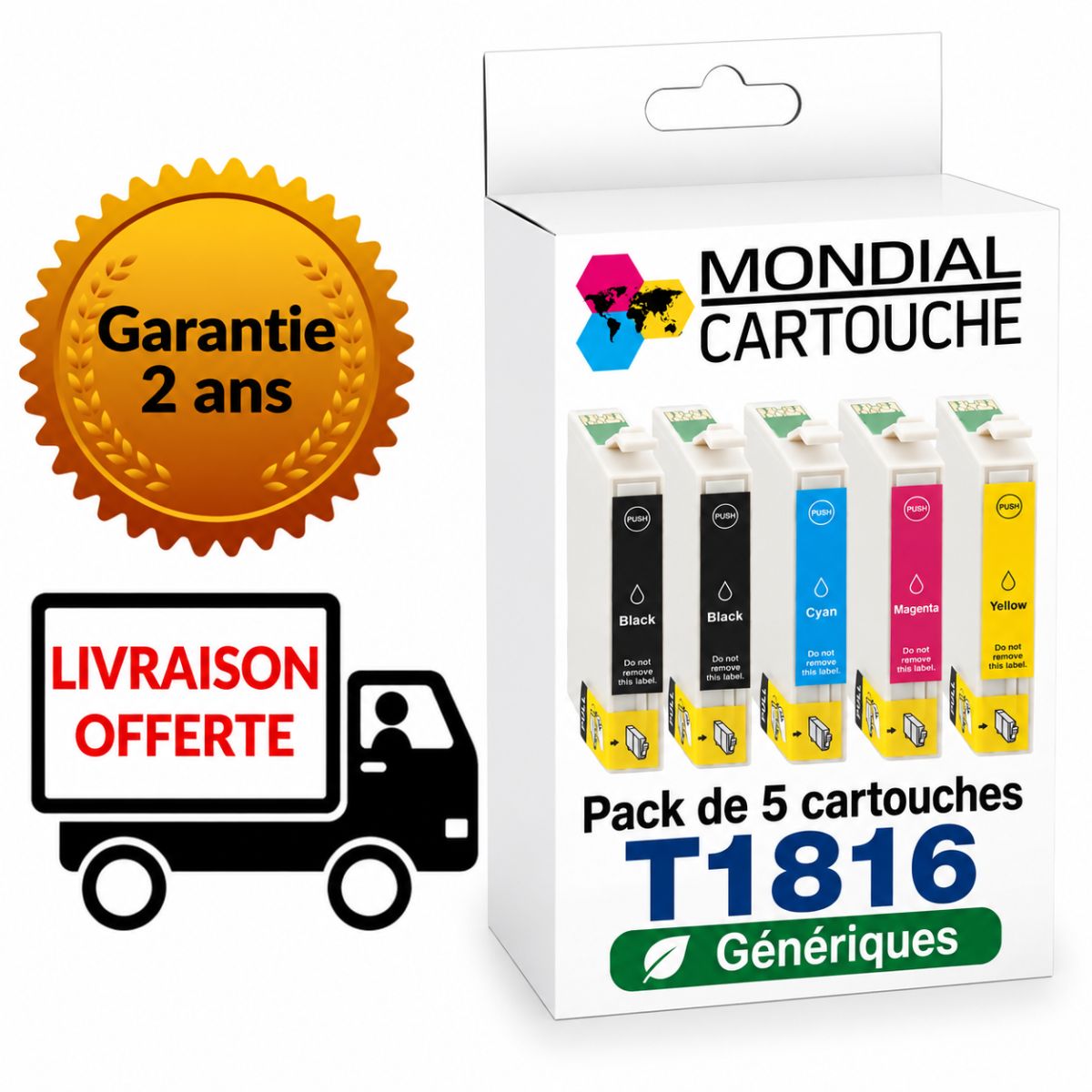 Pack 5 Cartouches T1816 générique pour Epson - T18XL - C13T18164012 - Pâquerette - Mondial Cartouche