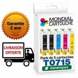 Pack 5 Cartouches T0715 générique pour Epson - C13T07154012 - Guépard - Mondial Cartouche