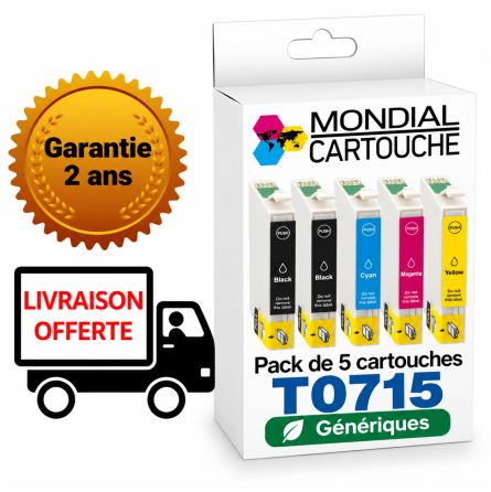 Pack 5 Cartouches T0715 générique pour Epson - C13T07154012 - Guépard - Mondial Cartouche
