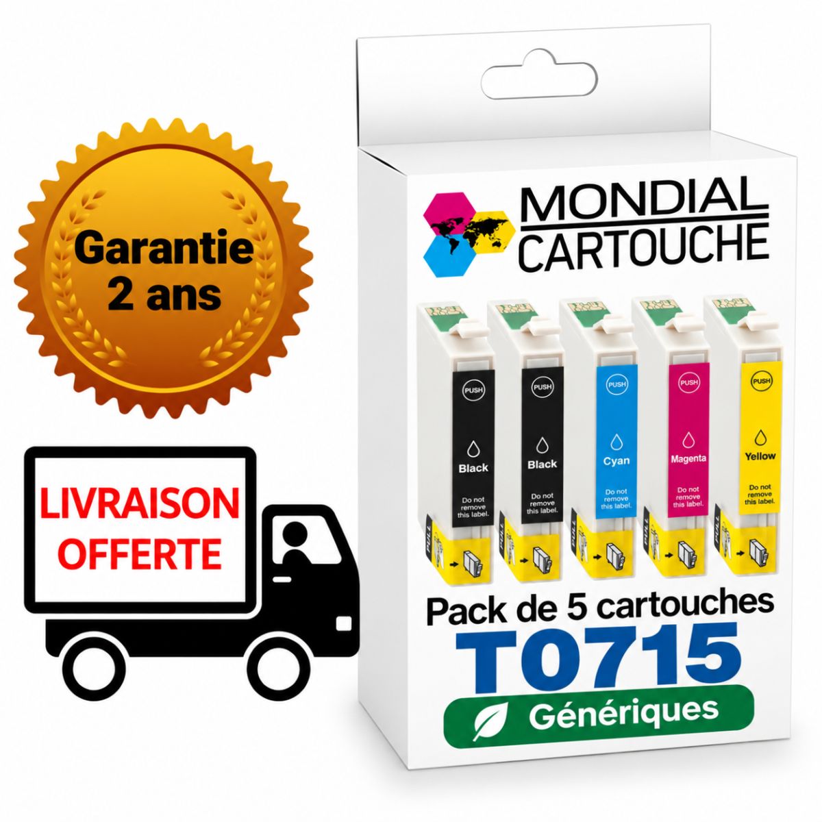 Pack 5 Cartouches T0715 générique pour Epson - C13T07154012 - Guépard - Mondial Cartouche