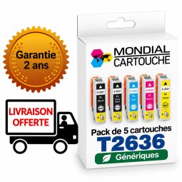 Pack 5 Cartouches T2636 générique pour Epson - T26XL - C13T26364012 - Ours Polaire - Mondial Cartouche