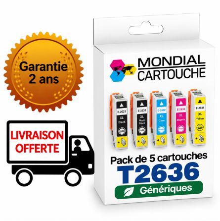 Pack 5 Cartouches T2636 générique pour Epson - T26XL - C13T26364012 - Ours Polaire - Mondial Cartouche