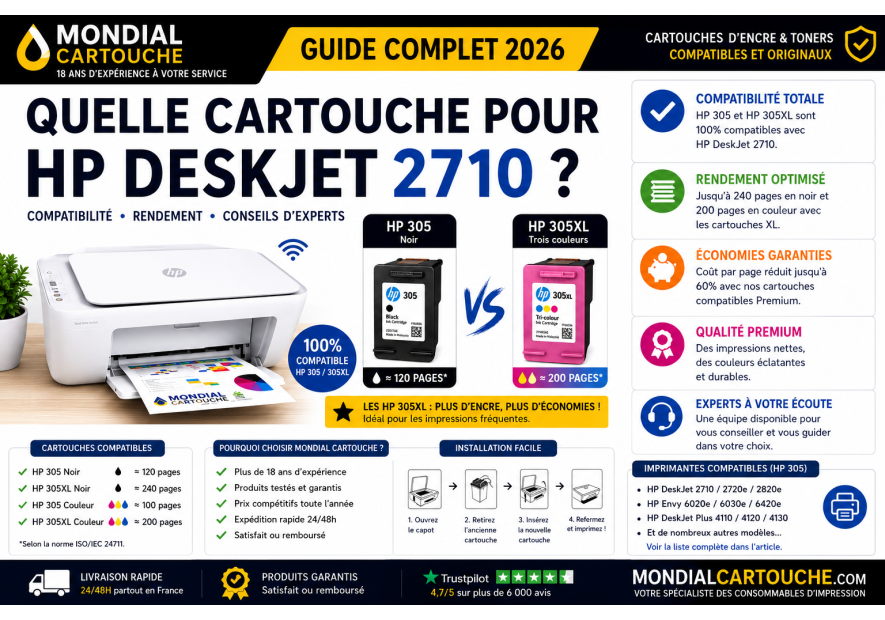 Quelle cartouche pour HP DeskJet 2710 ? Guide complet 2026 | Mondial Cartouche