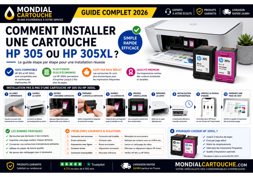 Comment installer une cartouche HP 305 ou HP 305XL ? Guide complet 2026 | Mondial Cartouche