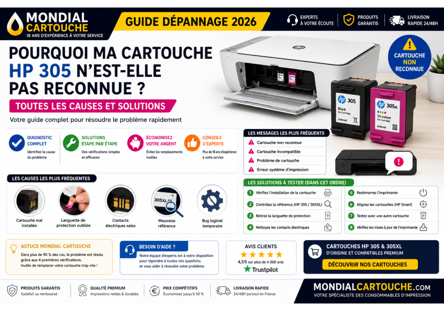 Pourquoi ma cartouche HP 305 n'est-elle pas reconnue ? Solutions 2026 | Mondial Cartouche