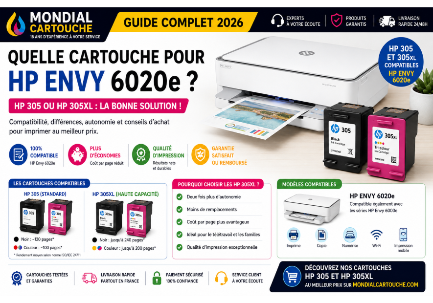Quelle cartouche pour HP Envy 6020e ? Guide 2026 | Mondial Cartouche