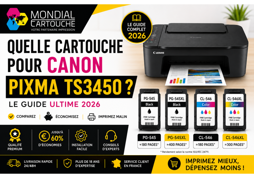 Quelle cartouche pour Canon PIXMA TS3450 ? Guide complet 2026 | Mondial Cartouche